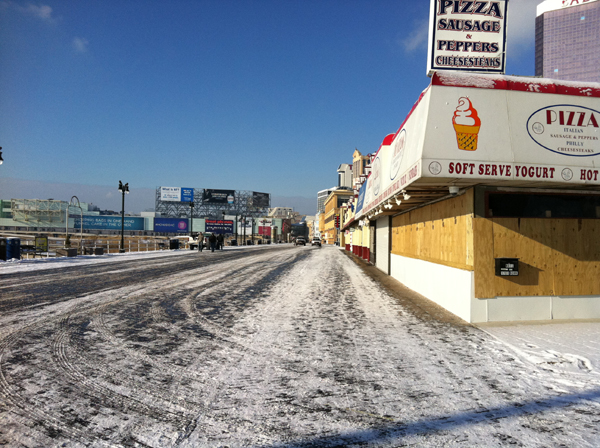 Snow covered Atlantic City, NJ boardwalk on Gramazin visit