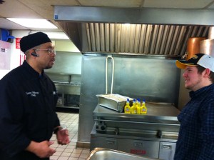 Tyrone Holloway, the head chef at the Atlantic City Rescue Mission, talks with Chad Wagner
