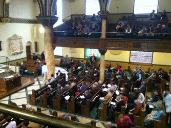 The interior of 10th Presbyterian Church, Philadelphia, PA during worship service